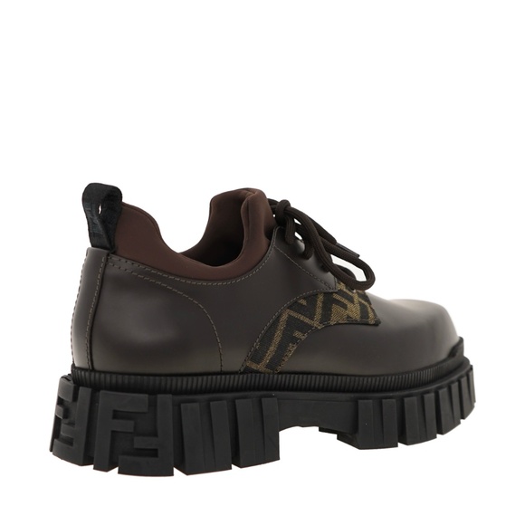 Fendi Force Lace-Up FF Panelled Shoes Brown Leather Size 9 New
